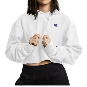 Champion Women's Reverse Weave Cropped Cut Off Hoodie White Small